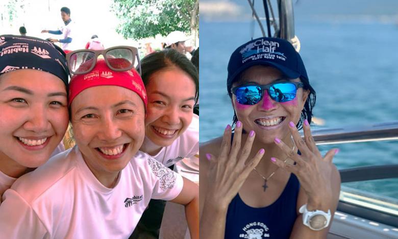 Olivia at the Cambodia Big Build 2019 with fellow volunteers Zoe Hui (far left) and Jenny Wong (third from left); while taking part in a 15-kilometer swim in Hong Kong.