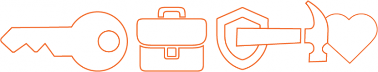 graphic depicting several icons including: key, briefcase, shield, hammer, heart