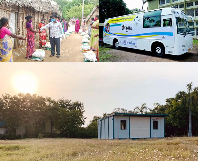 (Clockwise from top left) Distribution of hygiene and family essentials kits and the provision of mobile housing support services in India; a portable medical facility developed by startup Modulus Housing.