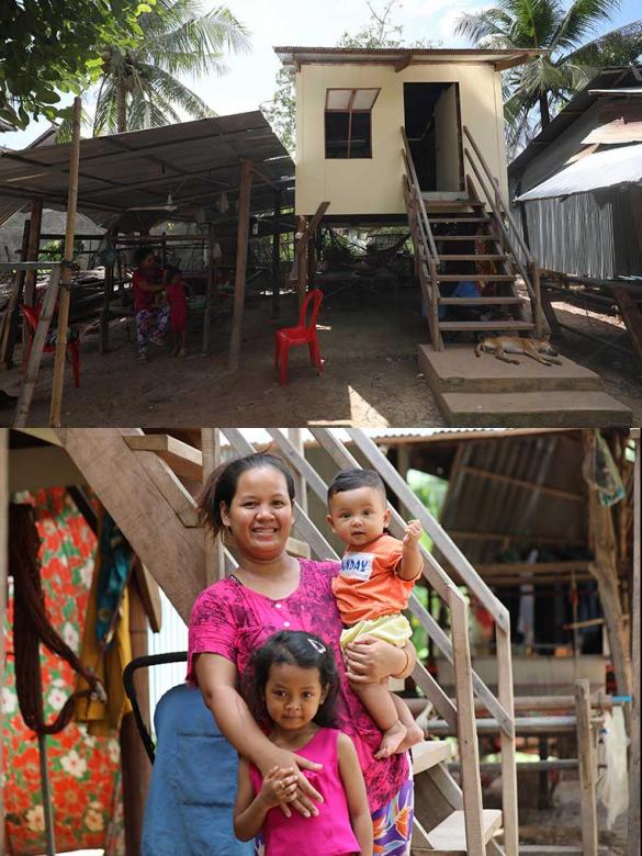 Senghouch's weaving loom is kept outside the home (top) that she shares with her husband (not pictured) and daughters (bottom).
