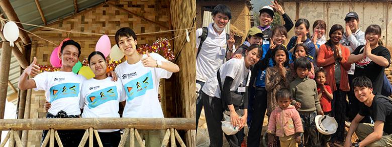 (Left photo) Matsumoto with a family at Asia Build 2018 in Myanmar. (Right photo) Ryota (squatting) with his team in Nepal