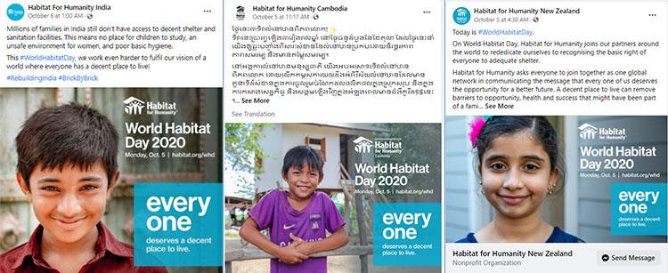 Screen shots of Facebook posts of Habitat India, Cambodia and New Zealand on World Habitat Day