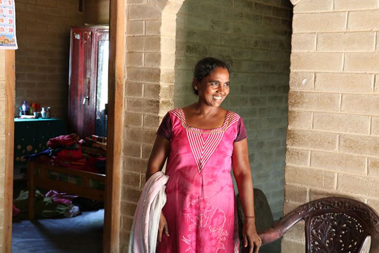 Ushathevi in her house built with compressed stabilized earth blocks in Batticaloa, eastern Sri Lanka