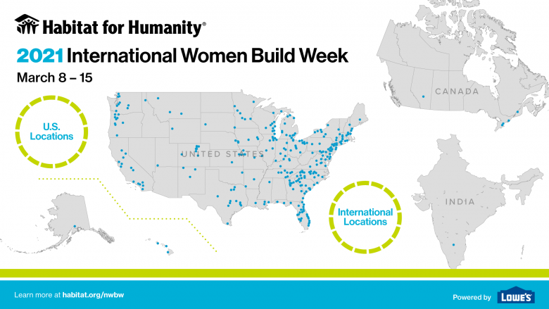 Map showing many dots on a U.S. map, 5 in Candada and 1 in India indicating the more than 300 Habitat locations participating in International Women Build Week.