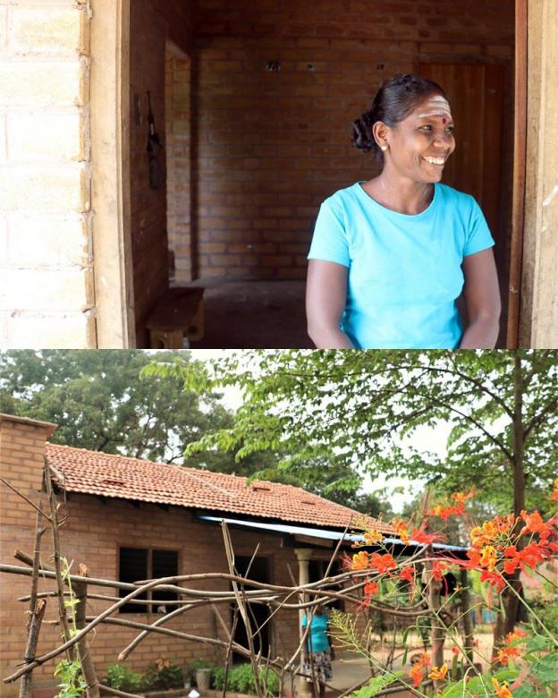 Selvam (above) at the door of her house (exterior view, below).