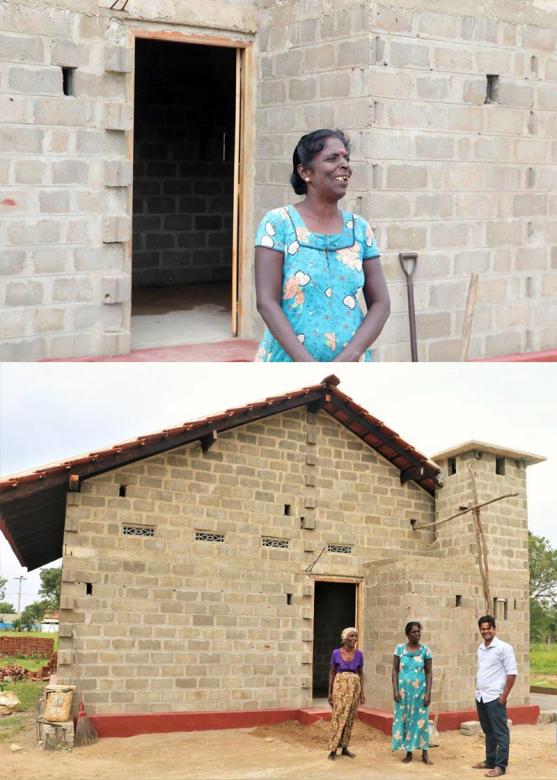 Sivaluxmi (above) and with her mother Ahala (below) outside their new house in Killinochchi 