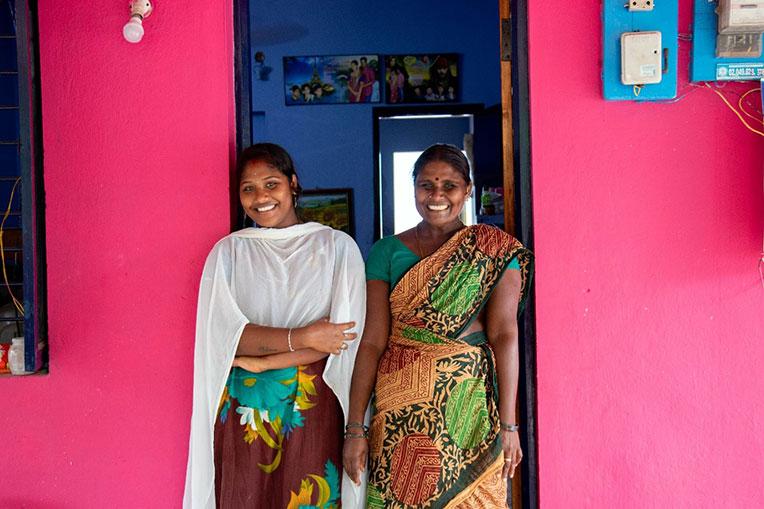 Mahadevi (right) and her daughter Praveena at their house in southern India