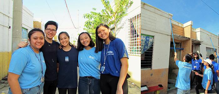 Kitchy (fifth from left) with other volunteers taking a break from painting the walls (right)