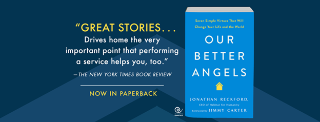 Graphic featuring an image of the paperback "Our Better Angels" book with a quote that reads: "Great stories...Drives home the very important point that performing a service helps you, too."