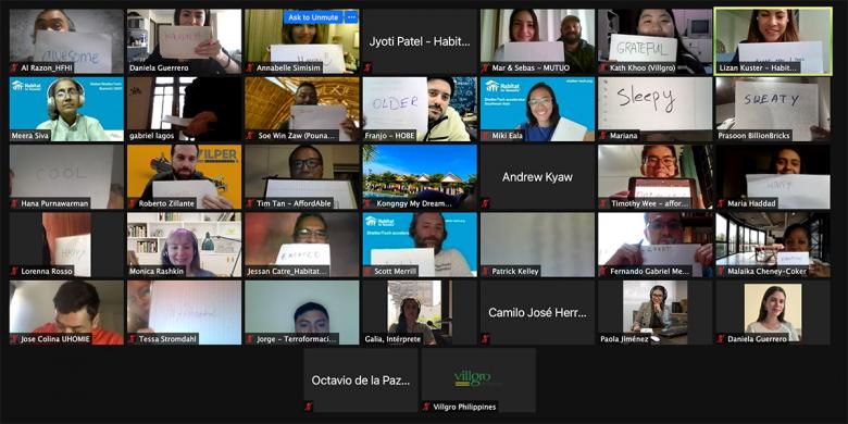 Screenshot of participants at ShelterTech's virtual Global Summit on 14 July 2021