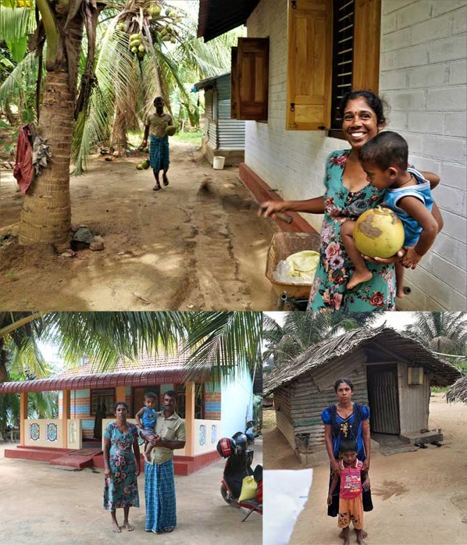 Jeyanthini, with her husband and younger son, showing the coconuts (top) from their farm, and outside their home (bottom left). They used to live in a temporary shelter (bottom right).