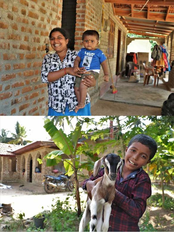 (Top) Vadivalagi with her younger son Thanushan outside their house in Sri Lanka; (bottom) her older son Theekshan with his kid friend