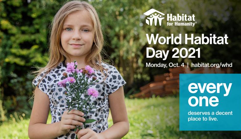 image of little girl holding flowers. Facebook post: World Habitat Day 2021 Oct. 4.