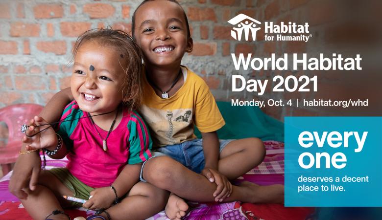 image of two children hugging and laughing. Facebook post: World Habitat Day 2021 Oct. 4.