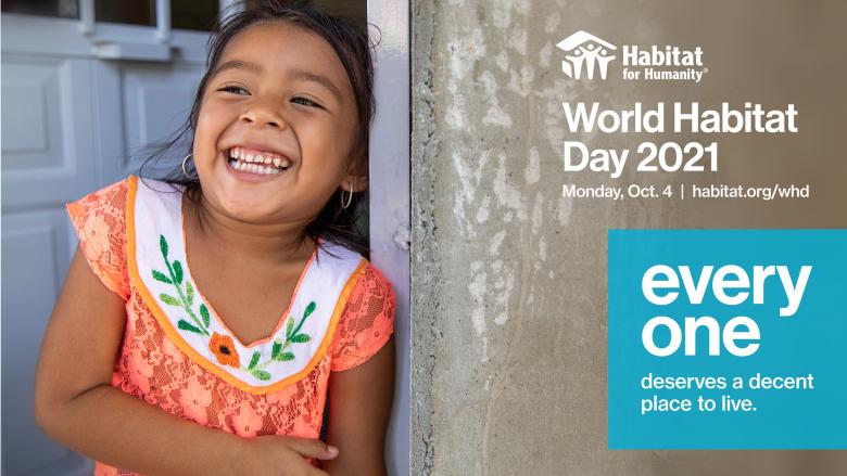 image of a girl in orange laughing. Generic social post: World Habitat Day 2021 Oct. 4.