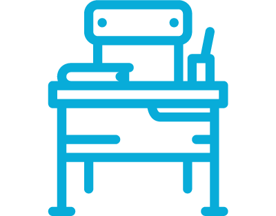 A blue-line icon of a school desk.