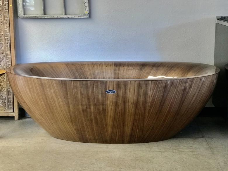 A wooden bathtub.