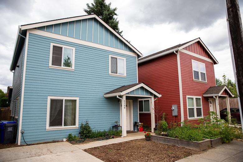 A blue and red house.