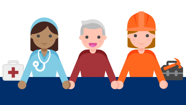 Graphic with a doctor in blue scrubs, an older adult, and handywoman in a orange hardhat holding hands.