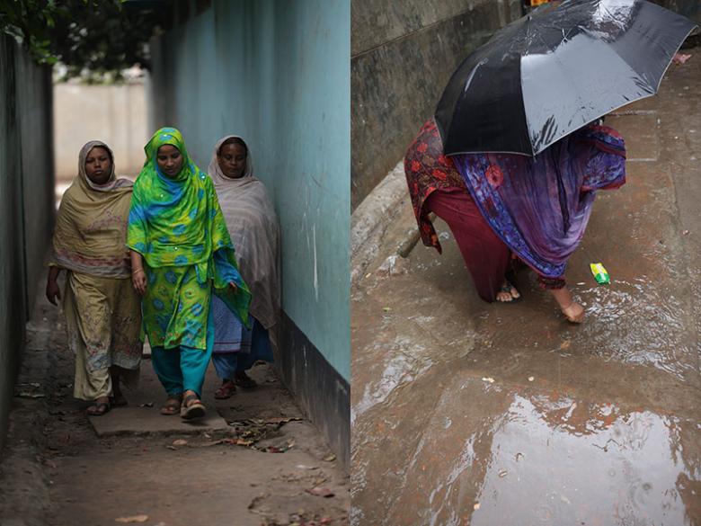 Sumi walking with other Duaripara residents and unclogging a drain