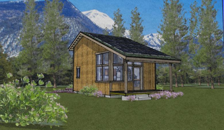 A rendering of the exterior of a house with solar panels and mountains in the backdrop.