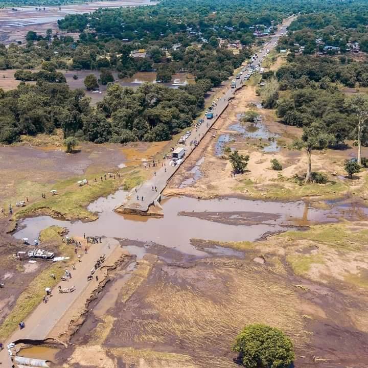 Drone photo of a road destroyed by flood waters