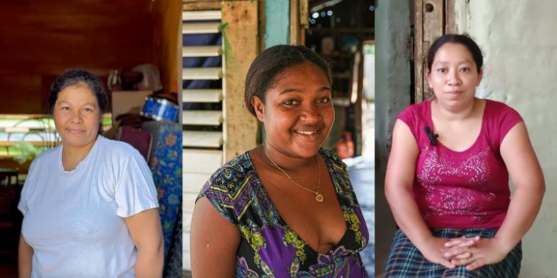 Gloria, de Paraguay; Luisa, de República Dominicana, y Dunia, de Honduras, son madres que trabajaron en alianza con Hábitat para la Humanidad para mejorar sus hogares.