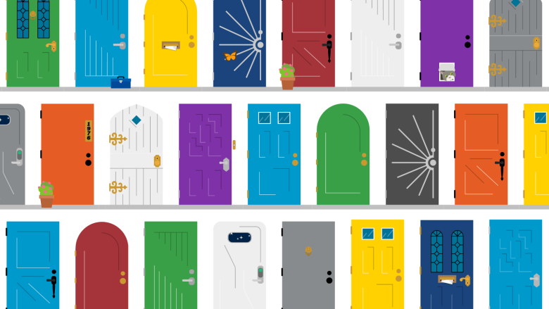 Three rows of animated doors in varying colors and styles.