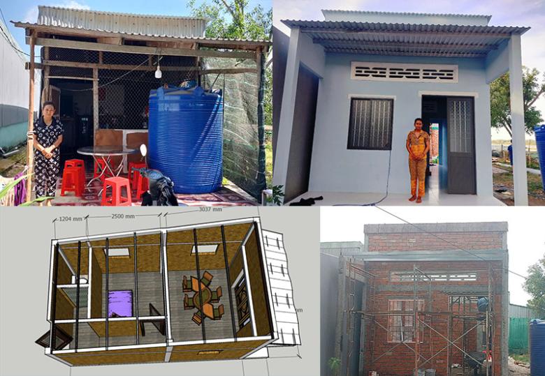Photo montage of De in her old house and Habitat home, house design and construction