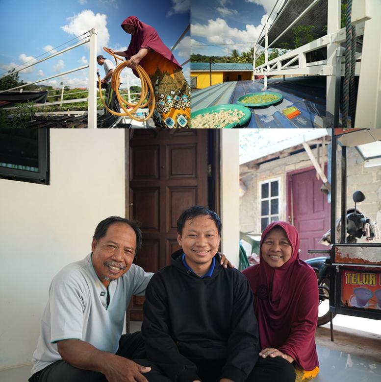 Montage of photos of Kartina and husband with rooftop garden in Batam, Indonesia
