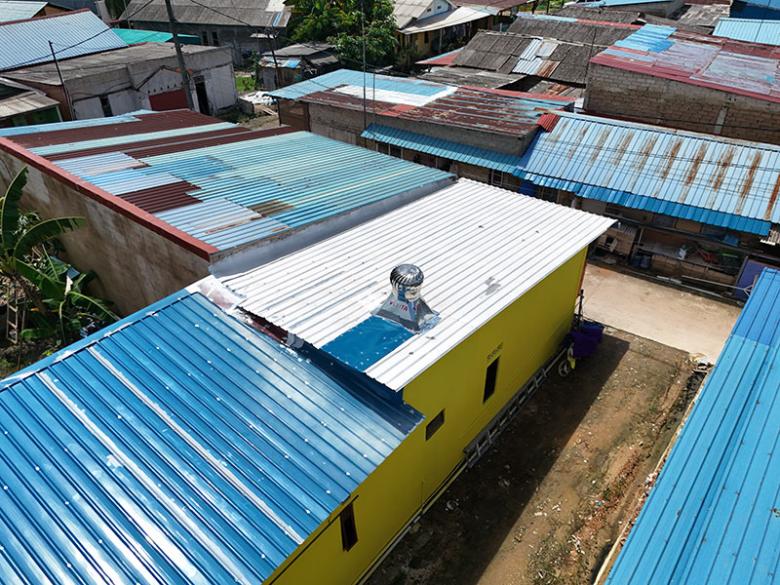 Aerial view of rooftop ventilator on Tasnih's home in Batam, Indonesia