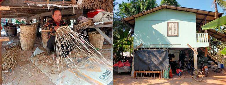 Cambodian homeowner Eat weaving and her home on stilts (right)