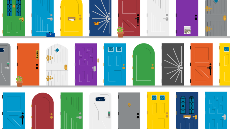 Three rows of animated door fronts in varying colors.
